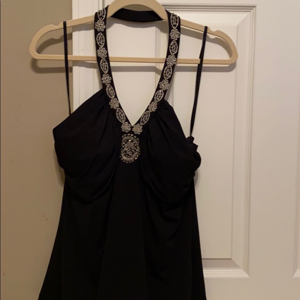 Polyester and spandex halter with jeweled edge